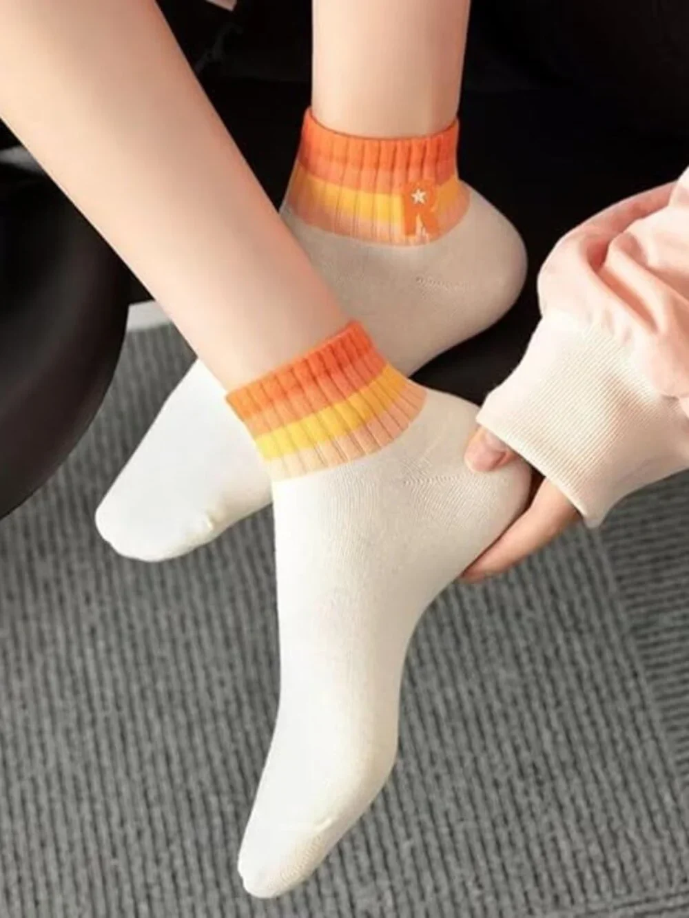 5 Pair Orange Stripe Ankle Socks R Monogram one size fits most Womens. New